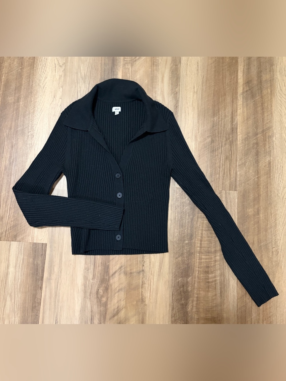 aerie Black Ribbed Collared Button Cardigan